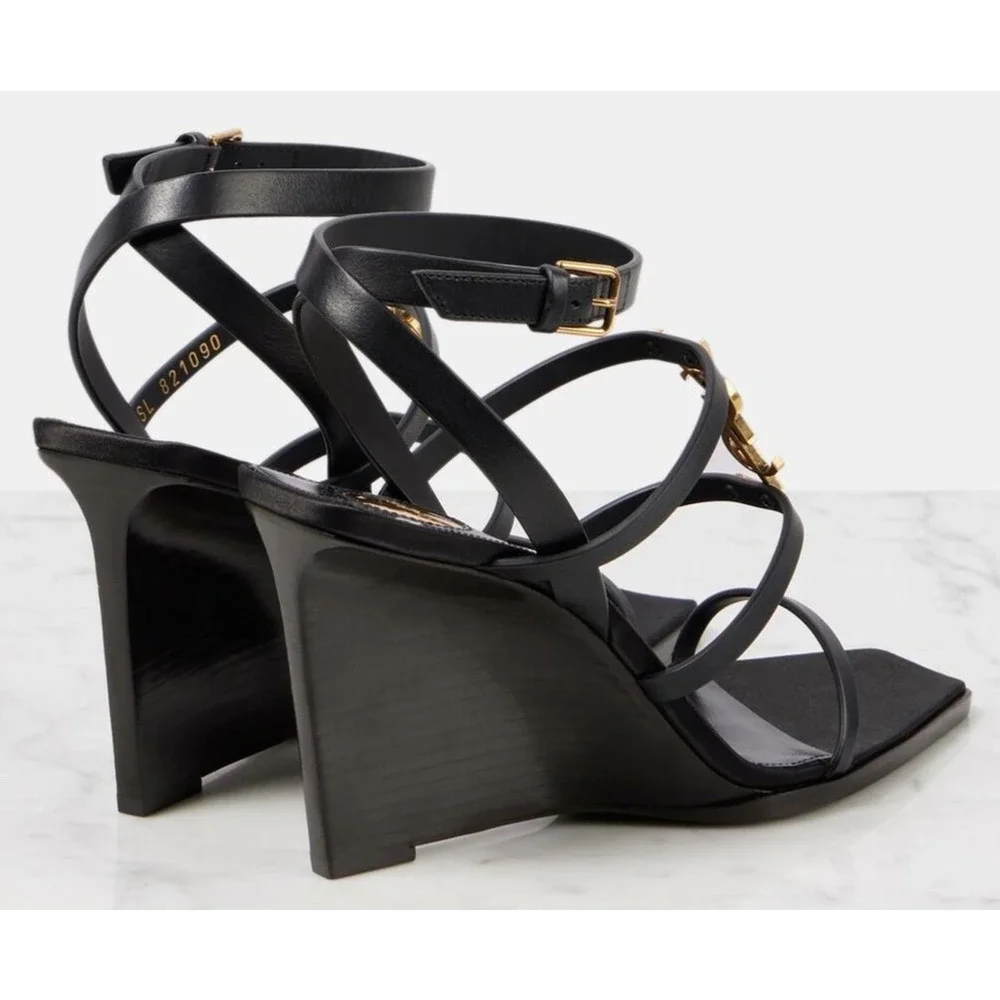 Saint Laurent YSL Logo Cassandra 90 Black Ankle Strap Wedge Sandal Heel 38.5